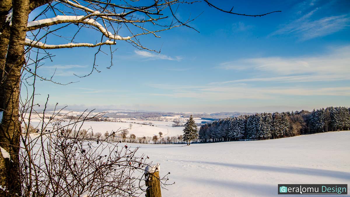 Das Foto zeigt einen Panoramablick vom Goldberg in Ellwerath auf eine Schneelandschaft.